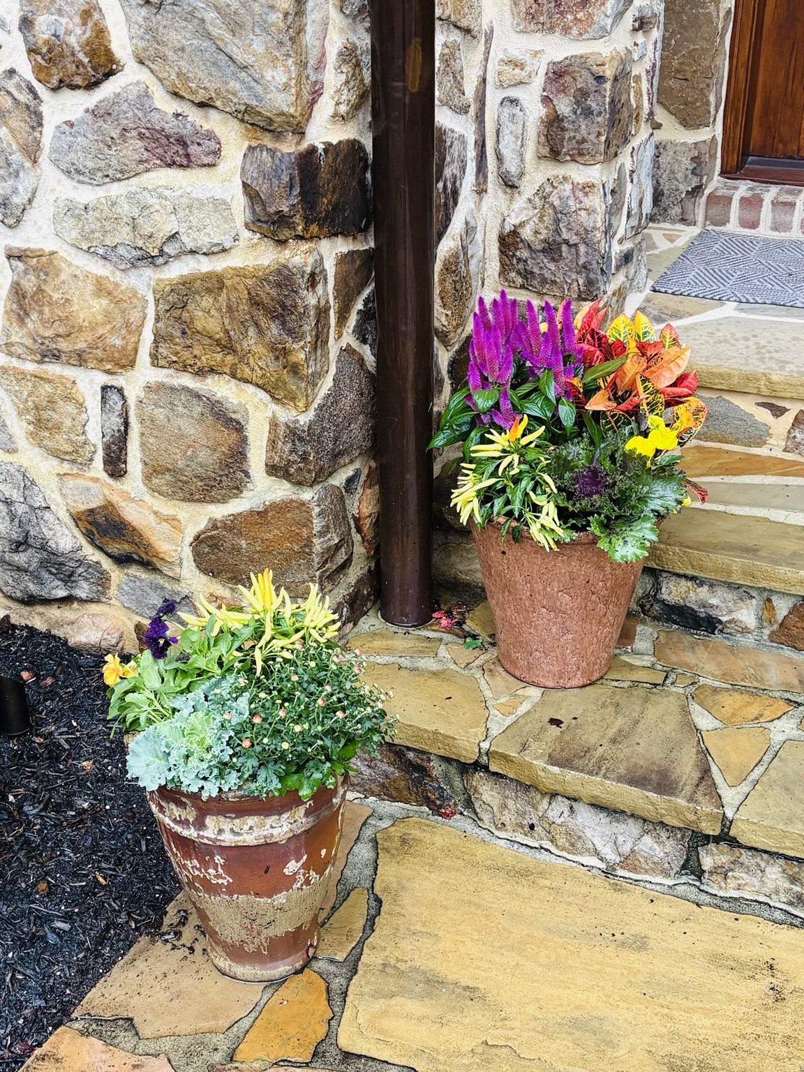 Pair of seasonal planters at stone steps