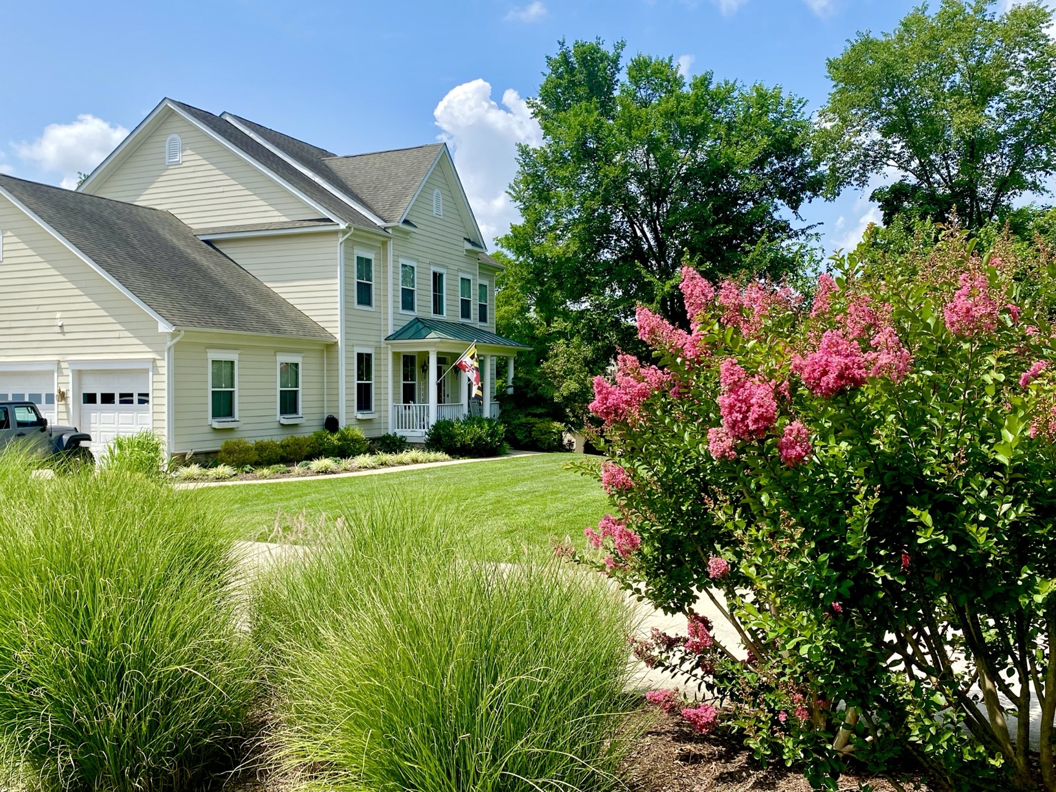 Flowering trees and ornamental grasses arranged across a spacious front lawn