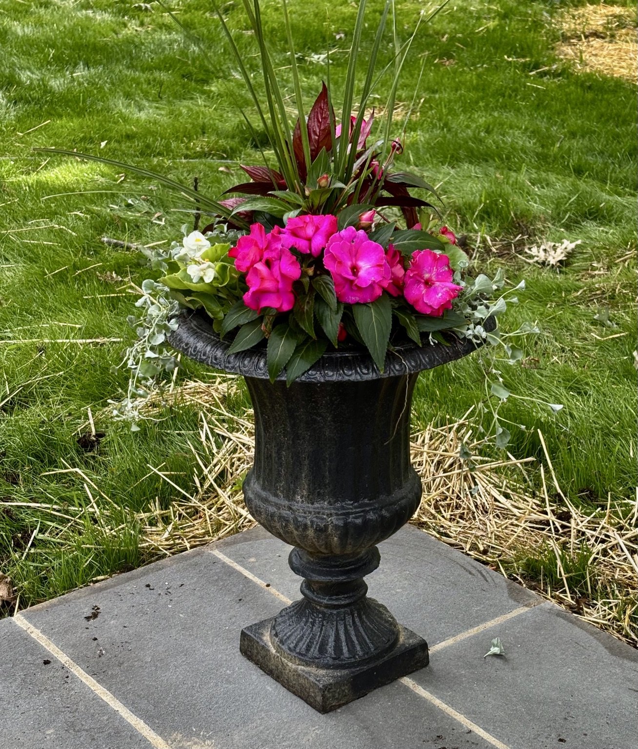 Pink flowers and trailing greenery in a traditional black urn