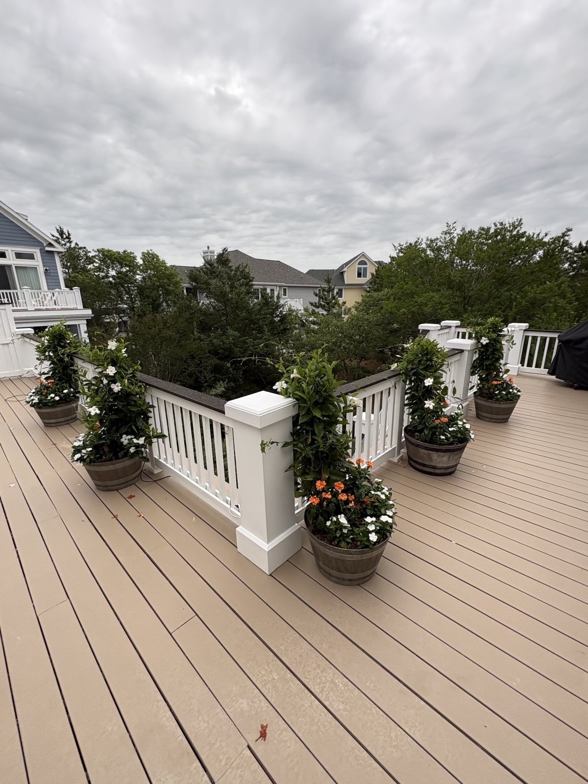 Flowering containers arranged around a waterfront deck