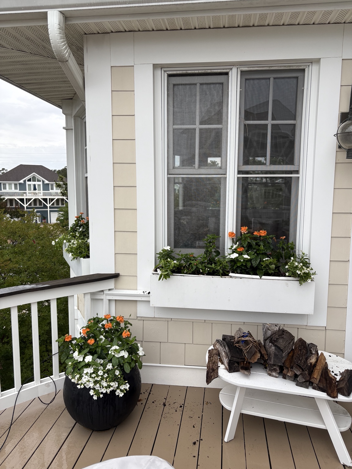 Window boxes and a black patio planter on the deck