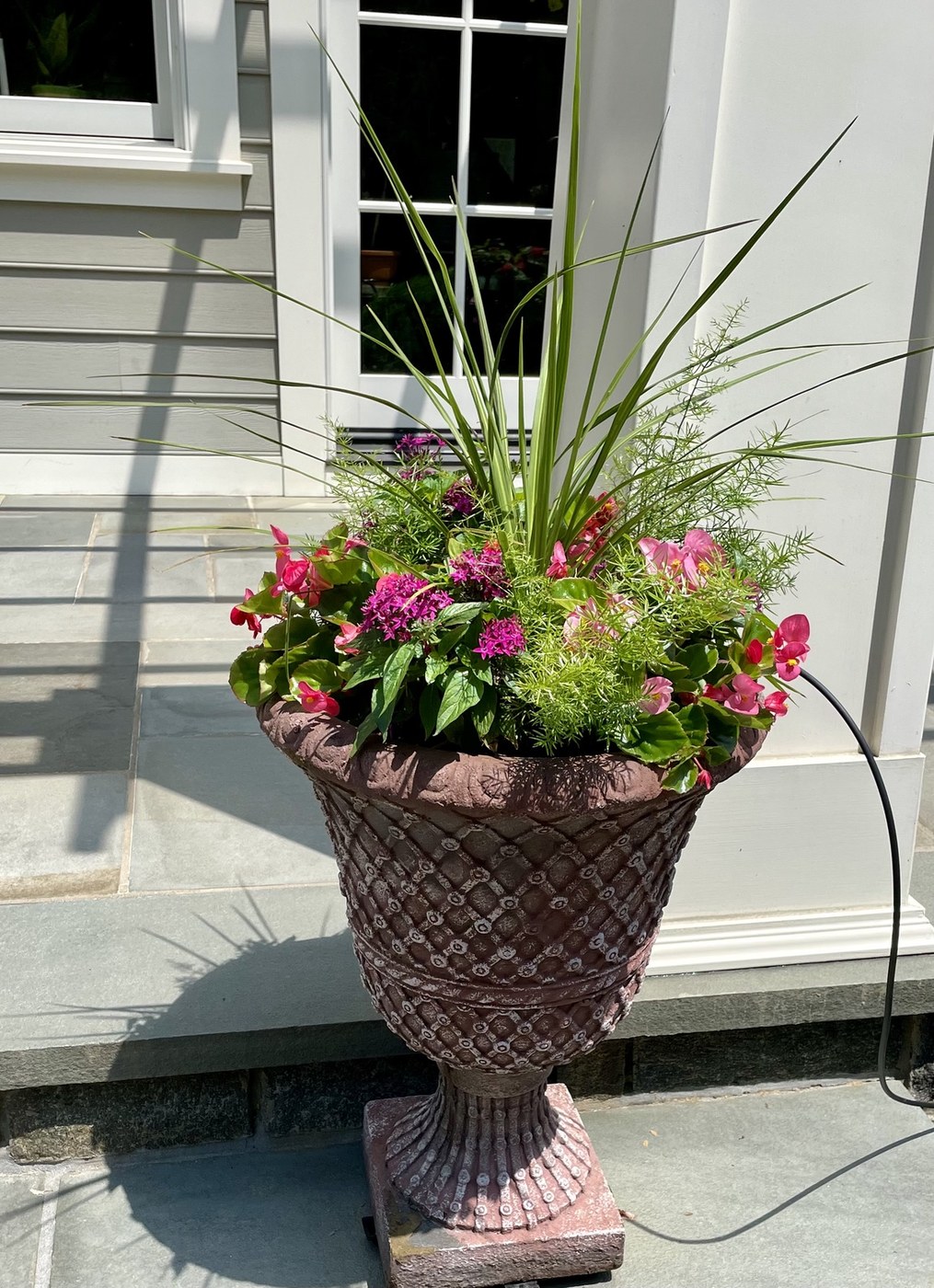 A sculptural urn with bright blooms