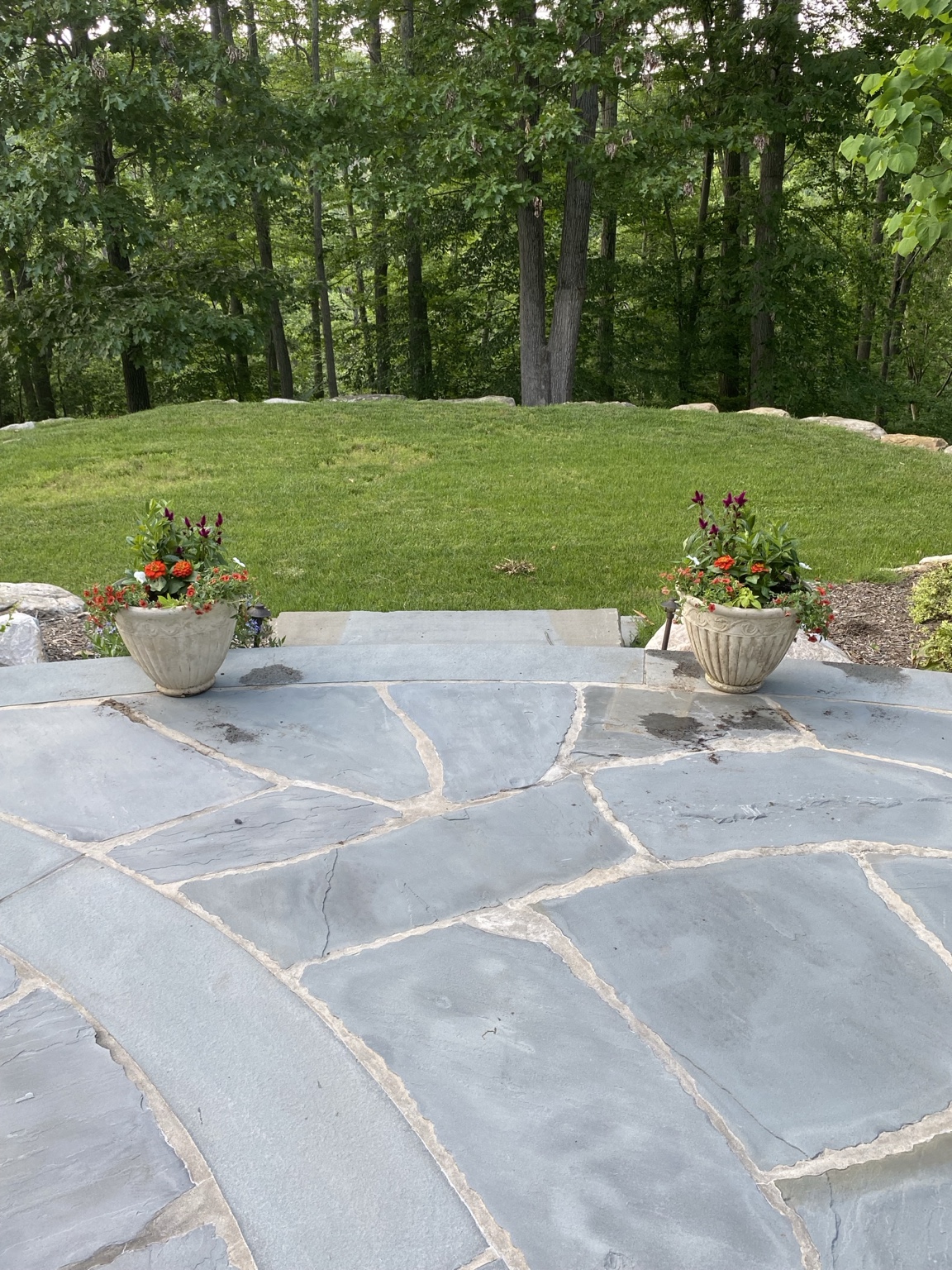 Matching urn planters with bright summer flowers on a flagstone patio overlooking a wooded lawn