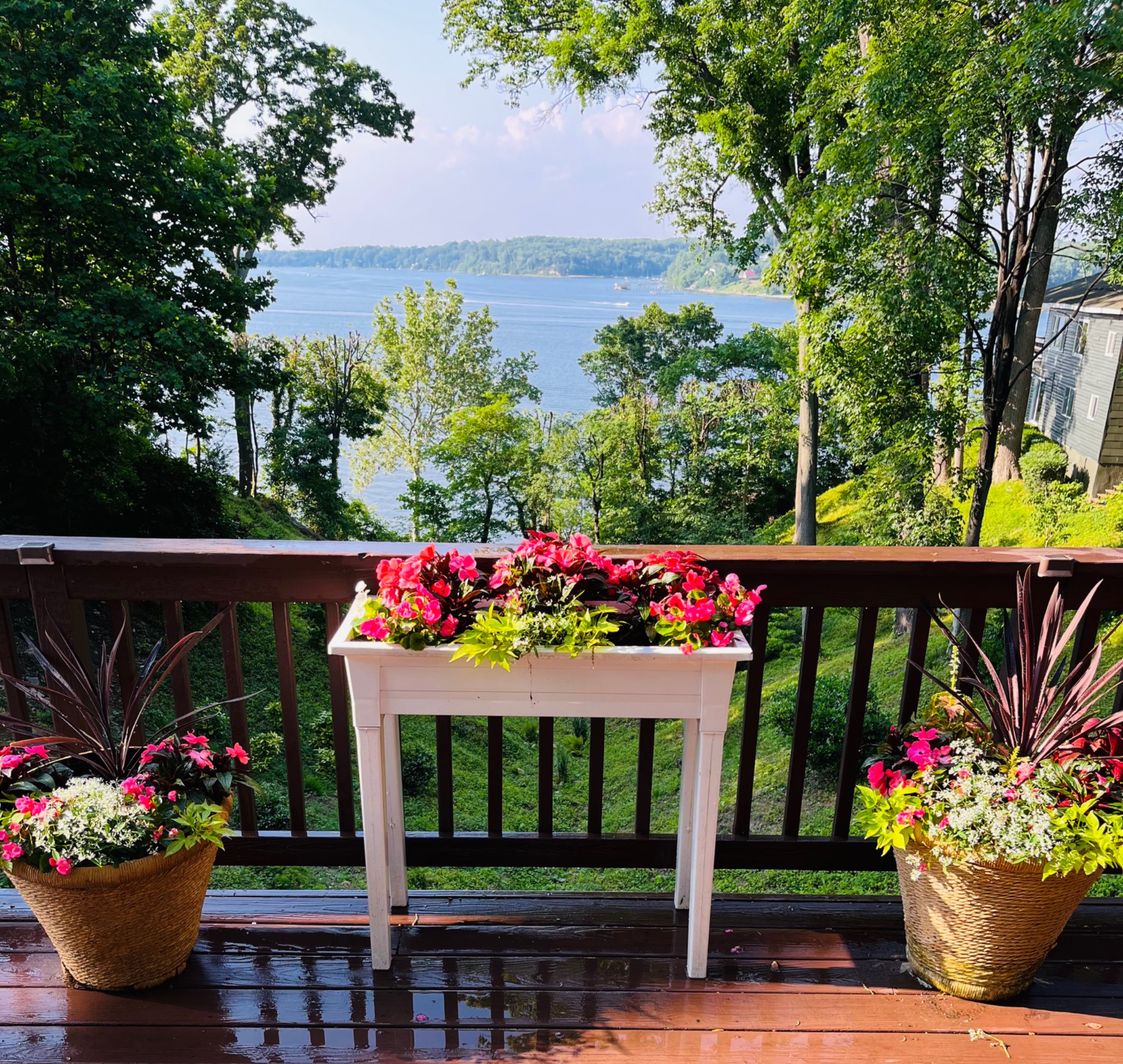 Summer planters on a deck overlooking the water
